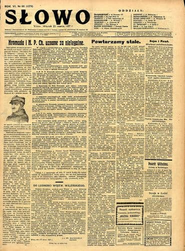 Strona tytułowa dziennika wileńskiego "Słowo" z 22 marca 1927 roku, redaktor naczelny Stanisław Mackiewicz